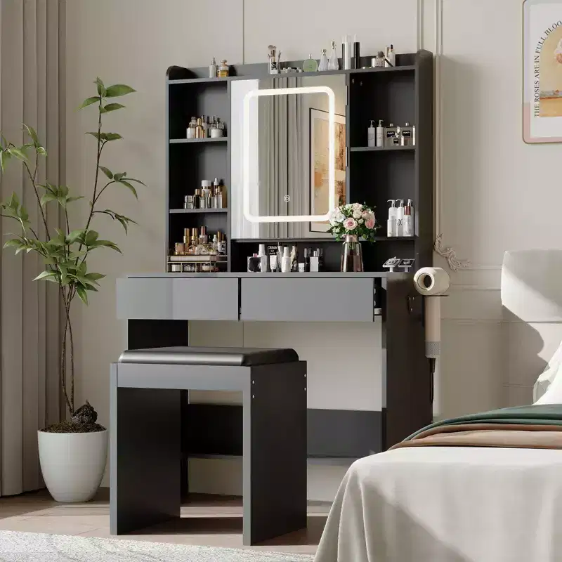 GustoWave Vanity Desk with Mirror and Lights,Includes Padded Stool, Storage Drawers, USB Outlets, Adjustable LED Light with 3 Lighting Modes