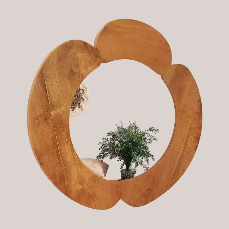 Irregular Wall Mirror 29 Inch Rustic Hanging Vanity Mirror with Teak Wood Frame