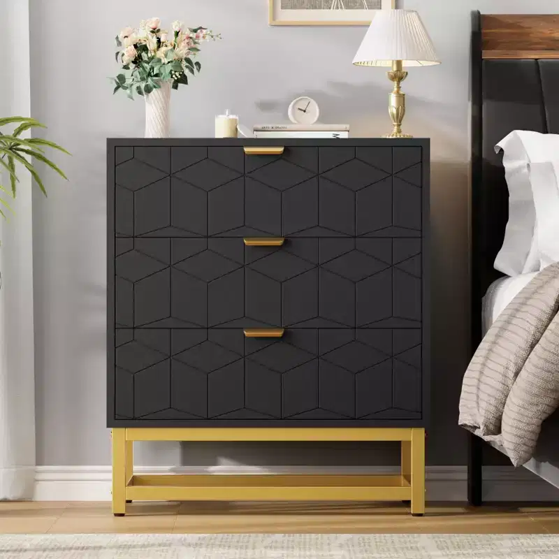 Modern Nightstand with 3 Drawers, Wooden Accent End Table with Metal Legs, Sofa Side Table for Small Space, 3 Drawer Dresser for Bedroom