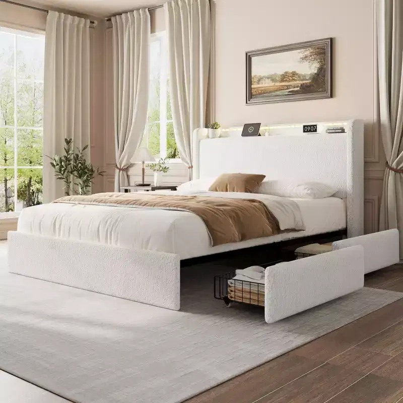 Boucle Bed Frame with Storage Headboard, Charging Station and LED Lights, No Box Spring Needed, 4 Storage Drawers
