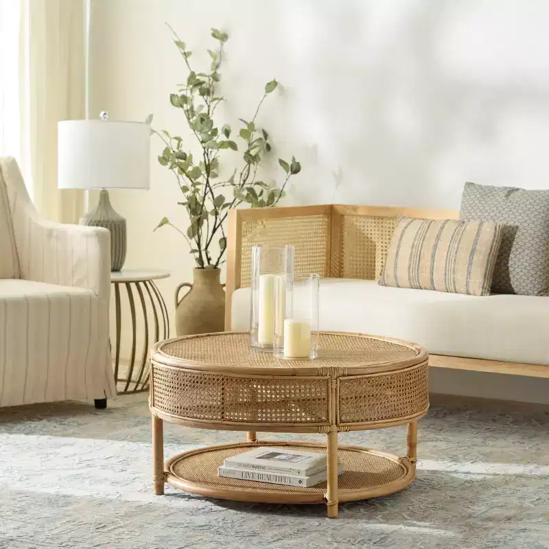 Round Coffee Table – Mango Wood Frame, Natural Rattan Top, Tropical Style, No Assembly