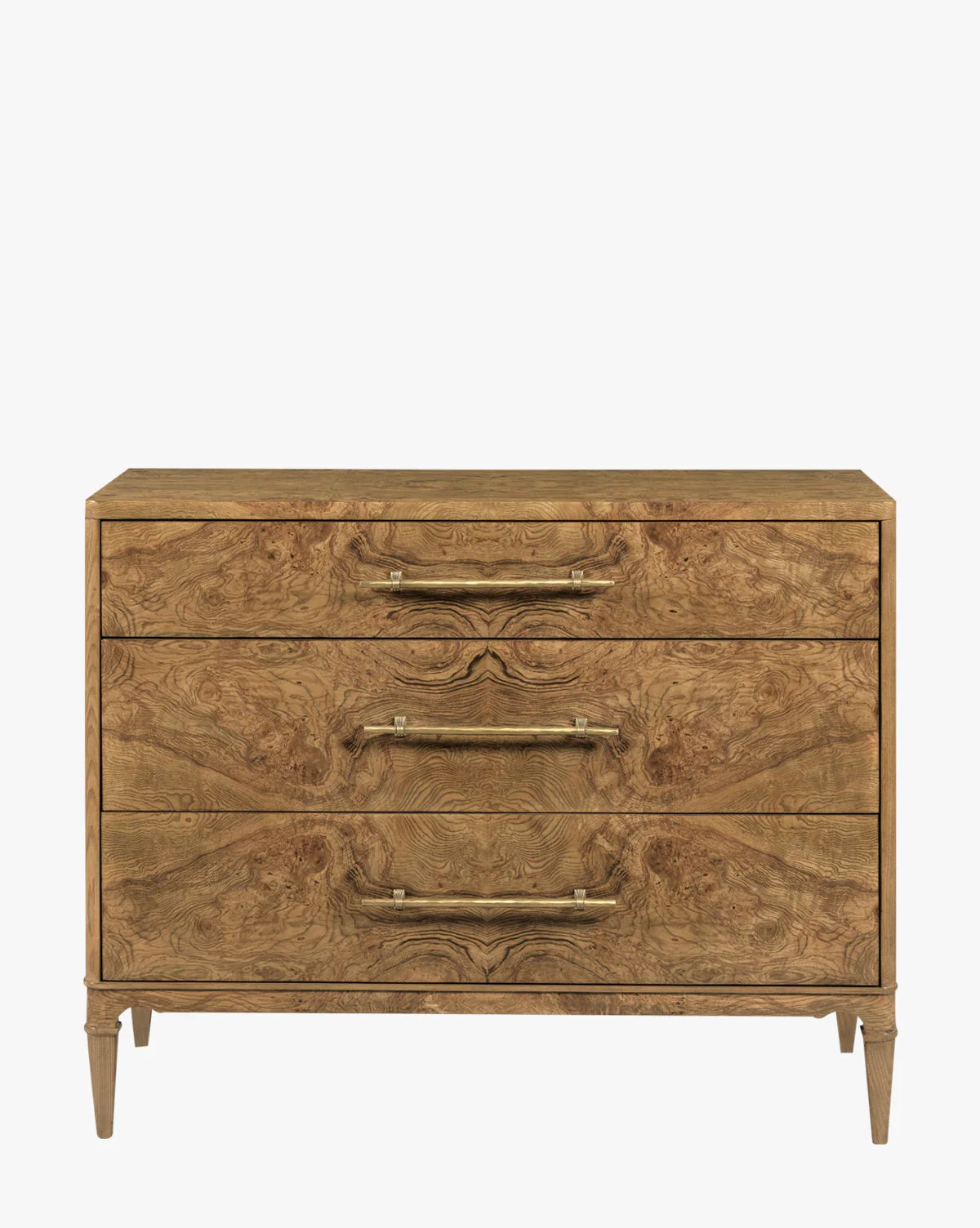 Artisan Olive Ash Burl Chest with Brass Hardware & Tapered Legs for Bedroom