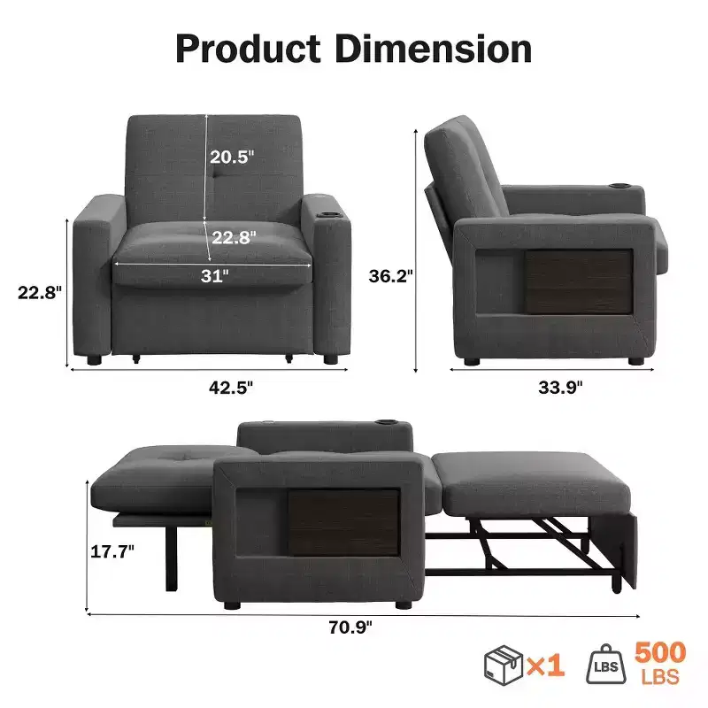 Dyonery 3-in-1 Sleeper Sofa Chair Bed, 42.5 Wide Convertible Pull-Out Sofa with Adjustable Backrest, USB Charging Ports, Side Table & Cup Holder