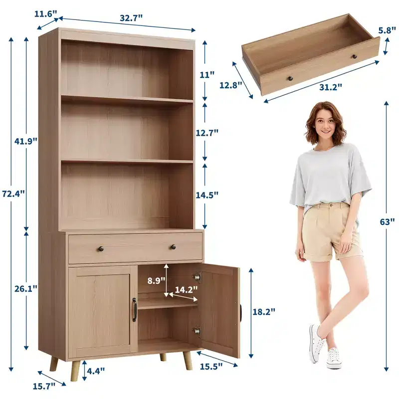 Modern Natural Wood Buffet Cabinet with 3-Tier Storage, Drawer & Open Shelves