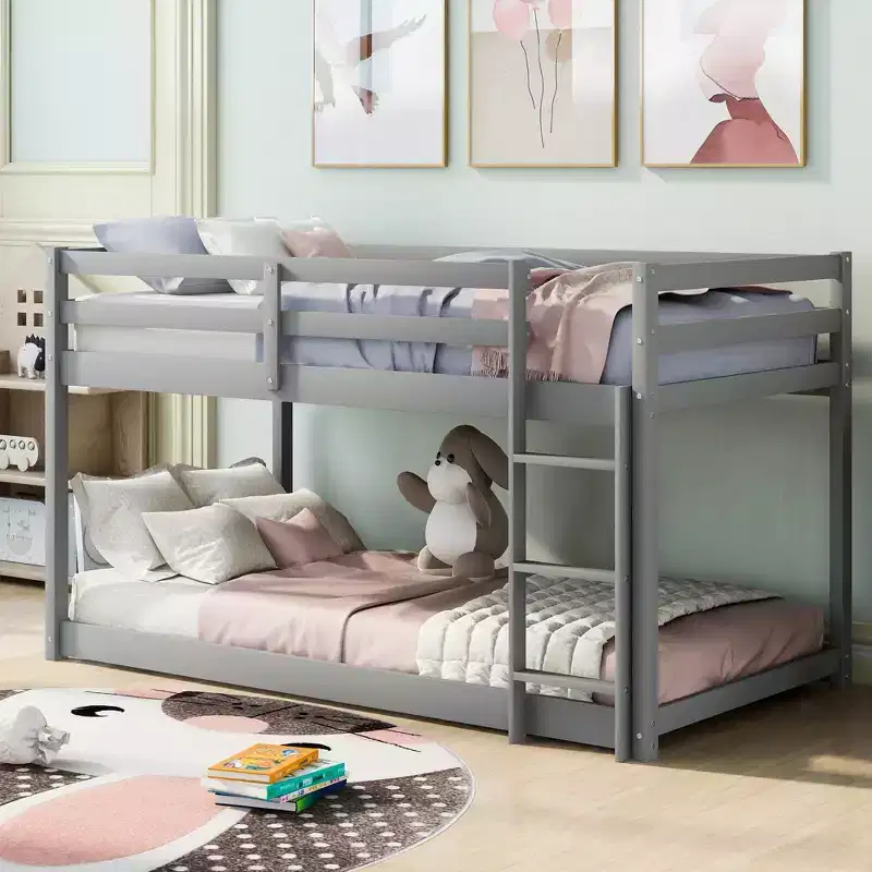 Gray / White Twin over Twin Low Floor Bunk Bed with Ladder & Guard Rails, for 2