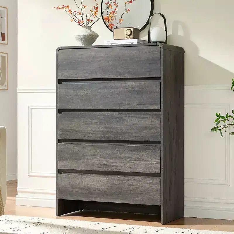 5-Drawer Modern Storage Dresser – Rounded Corners, Wood Grain, Easy Assembly