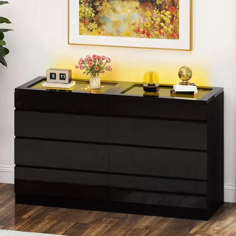 Modern 8 Drawer Dresser White Black Dresser with Deep Drawers Glass Top High Gloss Surface Storage Organizer Cabinet for Living Room