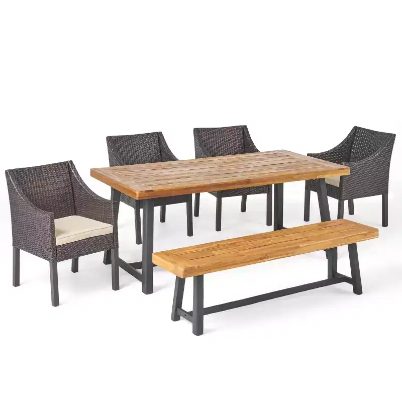 Christopher Knight Home Calero Outdoor Acacia Wood and Wicker 6 Piece Dining Set with Bench