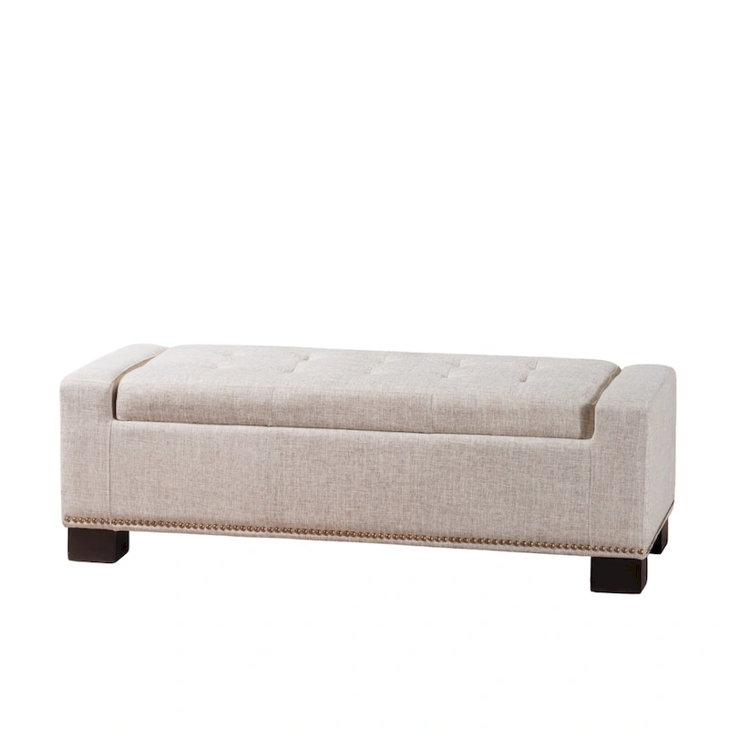Abigail Storage Ottoman Bench, Nailhead Trim, Wheat Fabric, 51 Inch