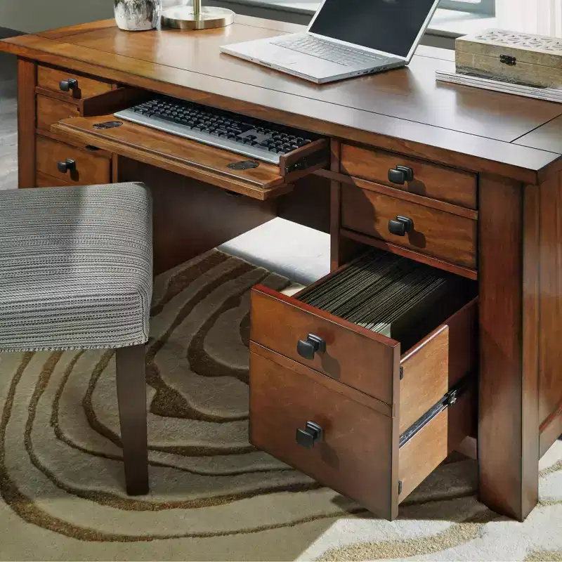 Tahoe Executive Pedestal Desk - Aged Maple - Home Styles: Hardwood, Mid-Century Modern Office Furniture