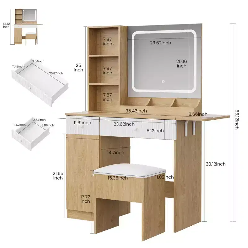 Vanity Desk with Mirror and Lights, Power Outlets Makeup Table with Drawers & Cabinet