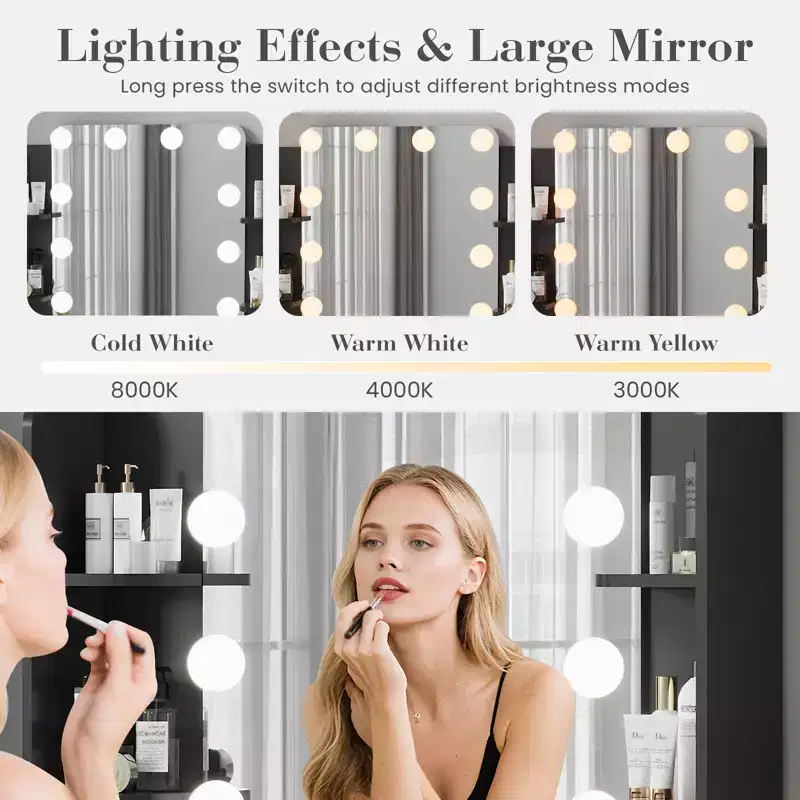Garvee Makeup Vanity Desk with Mirror and 12 LED Lights, Modern Dressing Table Furniture with Hair Dryer Holder Stool for Bedroom
