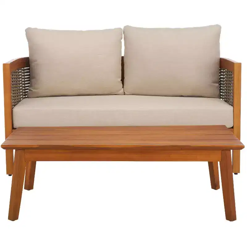 Amanda Bench & Table Patio Set - Indoor/Outdoor - PAT7090 - Natural/Taupe - Safavieh