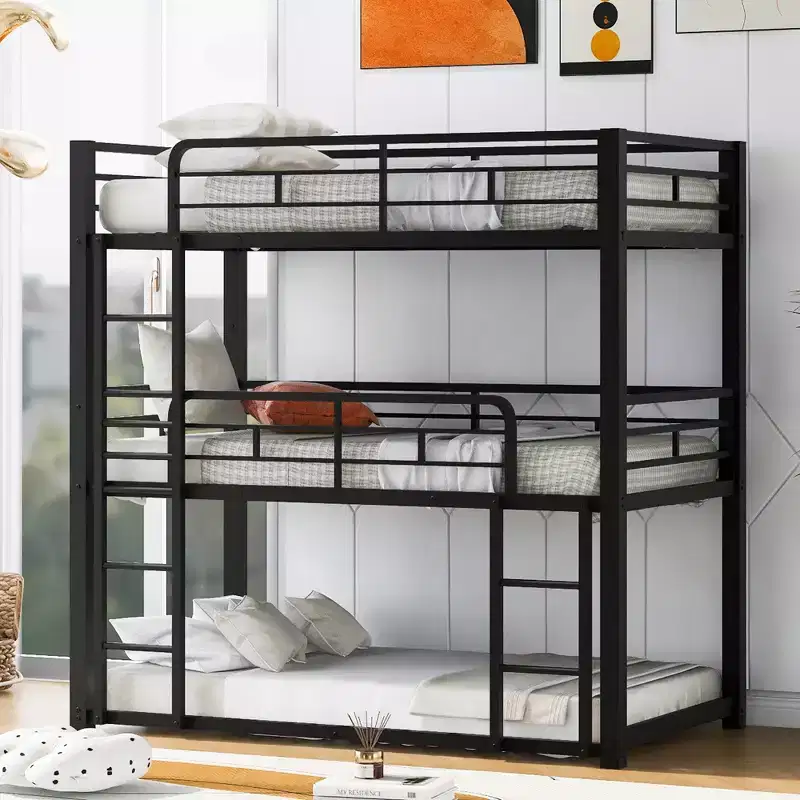 Metal Triple Bunk Bed for 3 Kids, Twin over Twin 3 in 1 Bunk Bed with Ladder and Safety Guardrail for Bedroom