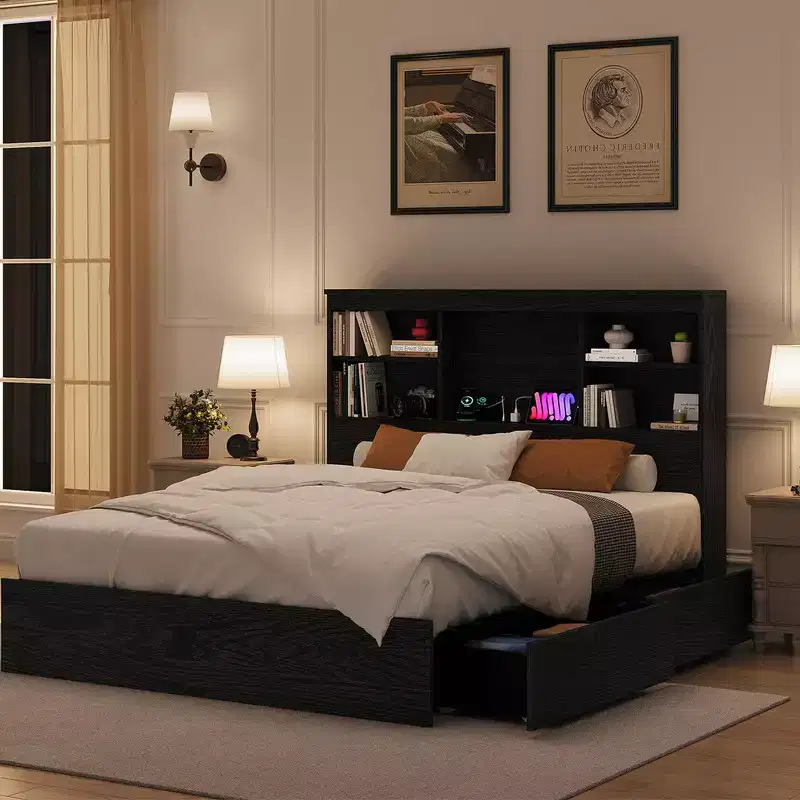 Bed Frame with Bookcase Headboard, 4 Drawers & Built-in Charging Station – No Box Spring Needed