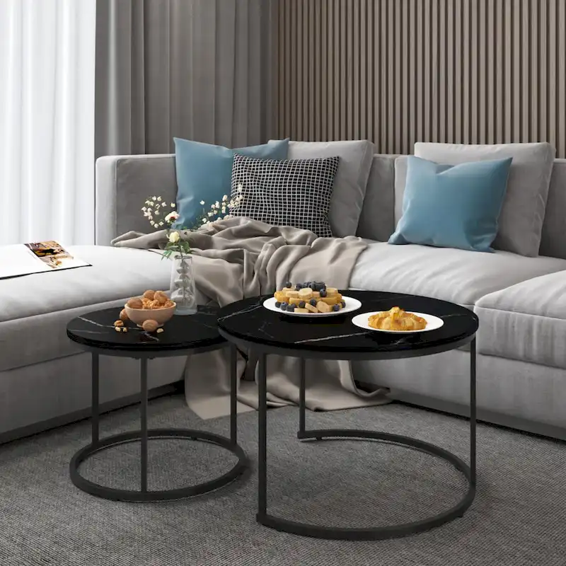 Nesting Coffee Table Set of 2, 27.6inch Round Coffee Table Wood Finish with Sturdy Metal Frame,End Table Side Tables