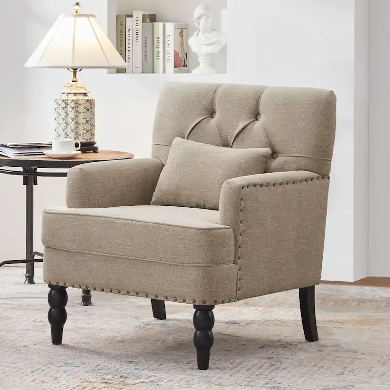 Set of 2 Arm Chair Upholstered Button Tufted Accent Chair with Lumbar Pillow Beige/ Grey/ Light Blue