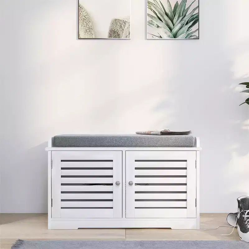 Shoe Storage Benches White Shoe Rack Bench with 2 Doors & Padded Seat Cushion in Grey Shoe Cabinet Shoe Entryway Bench with Shoe Organizer
