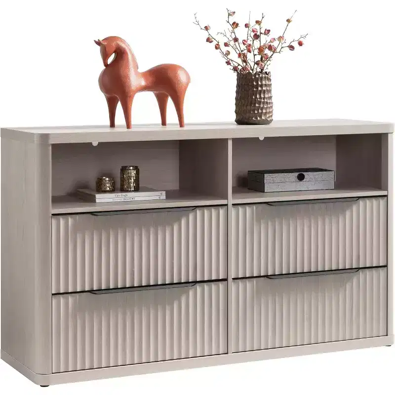 Modern 56.5 Wide Dresser with 4 Drawers Fluted Open Shelf Closet Storage