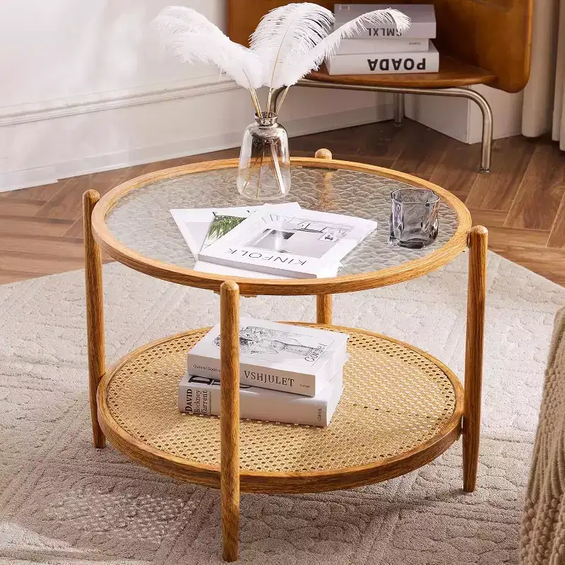 25.6 Rattan Coffee Table, Round Glass Coffee Table for Living Room, Natural Vibe