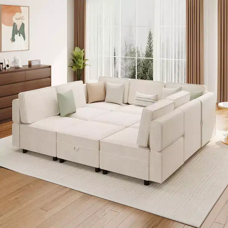 Modular Sectional 9-Seat Sofa, L Shaped Sectional Couch with Removable Storage Ottoman, Convertible Sleeper Sofa Suitable for Living Room