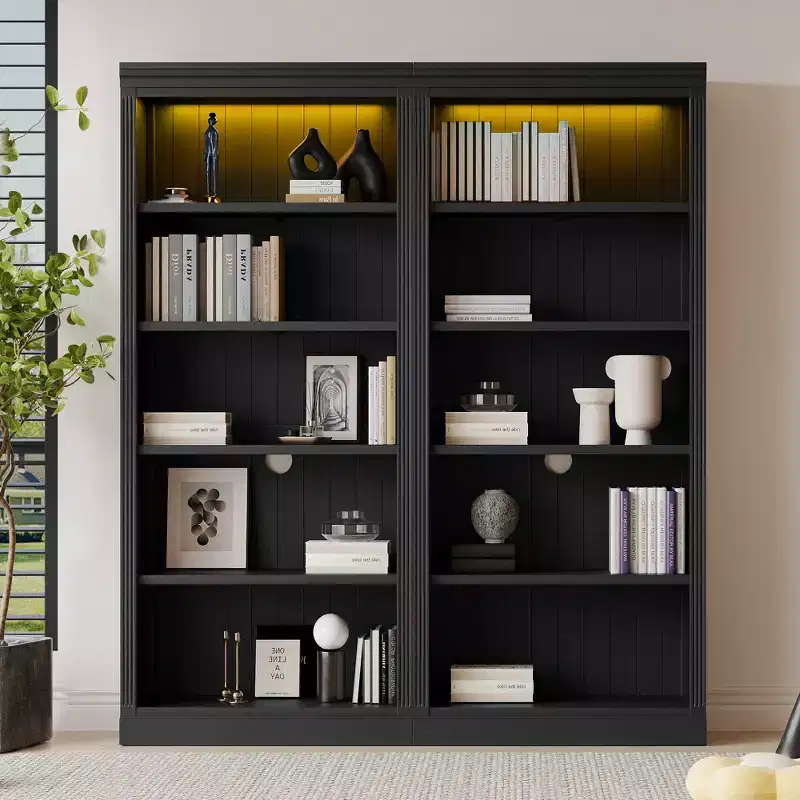 83.4 Tall Wooden Bookcase with LED Light Strip, 5-Tier Adjustable Bookshelves & Storage Organizer for Living Room & Home Office - ModernLuxe