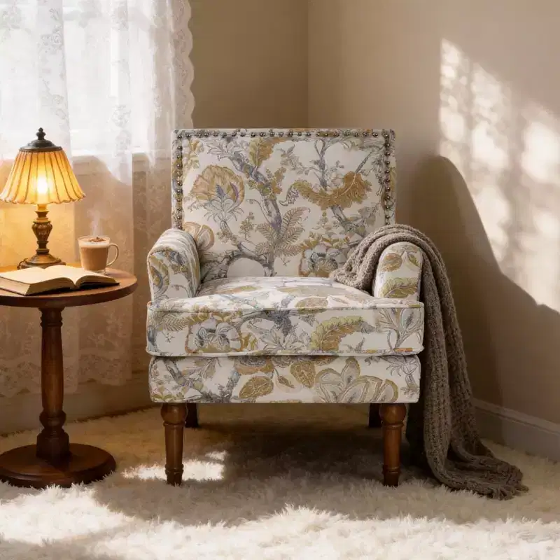Contemporary Floral Upholstered Wood Accent Chair with Nailhead Trim