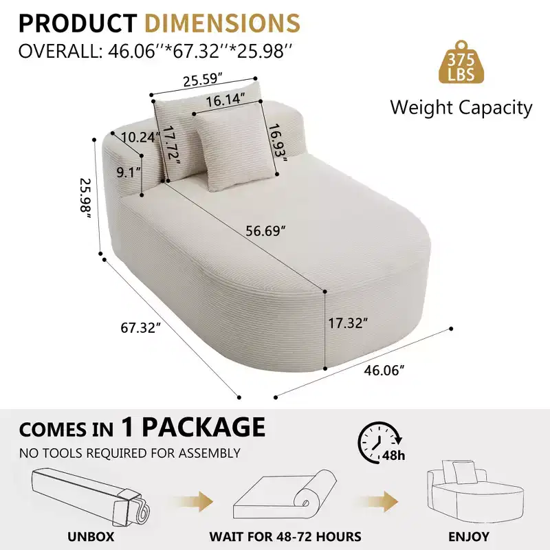 67.5 Corduroy Chaise Lounge Chair, Wide Seat, Deep Seating King Chair with 2 Pillows, Convertible Frameless Sofa Bed for Living Room