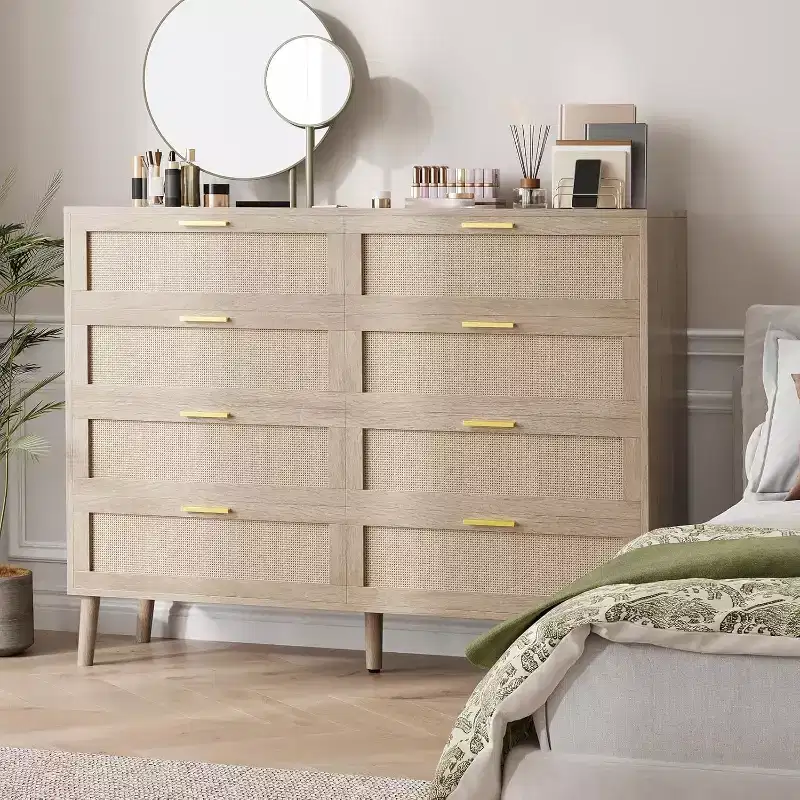 8 Drawer Dresser, Natural Rattan Dresser for Bedroom, Farmhouse Wood Chest of Drawer with Golden Handles for Living Room, Entryway