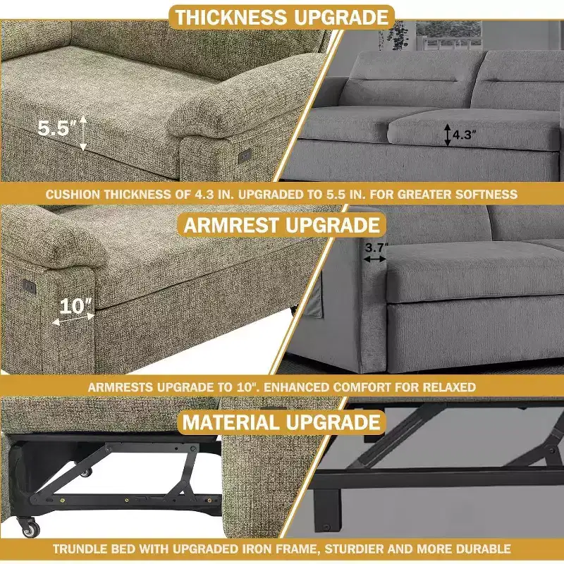 Dyonery 3-in-1 Convertible Sofa Bed, Pull Out Sleeper Sofa with USB Charging Station & Adjustable Backrest