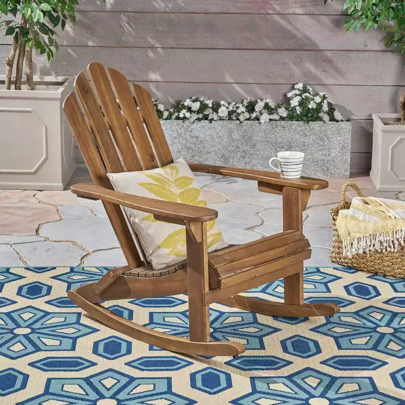 Okak Rustic Adirondack Rocking Chair Premium Acacia Accent Chairs with Cup Holder,1 Pc,Outdoor Lazy Chair for Porch,Backyard&Garden,Brown