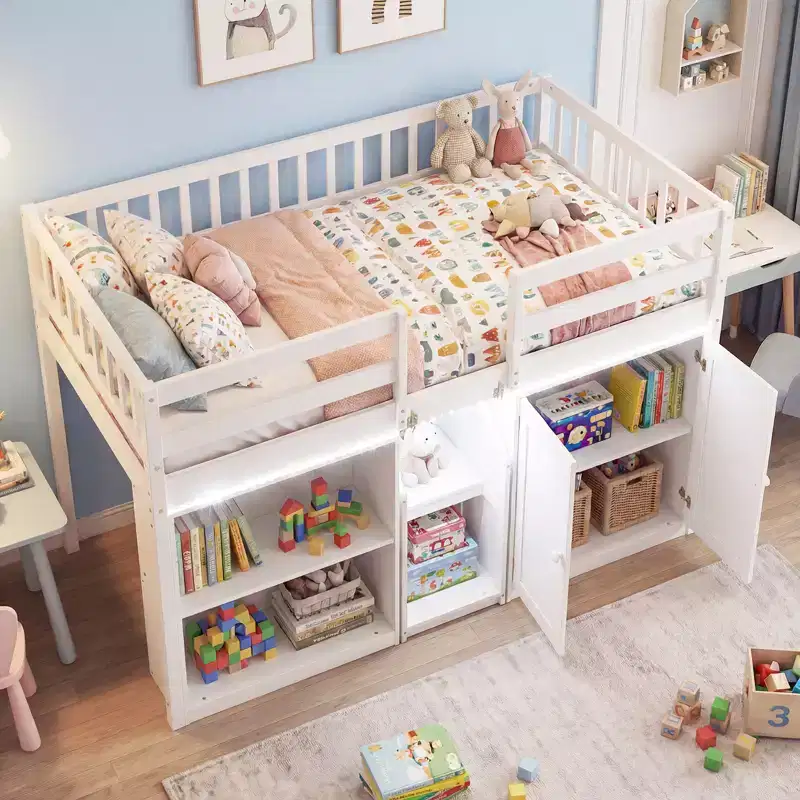 Twin Low Loft Bed with LED Light, Stairs & Guardrails, Modern Pine Wood Kids Bed, White/Mint/Gray