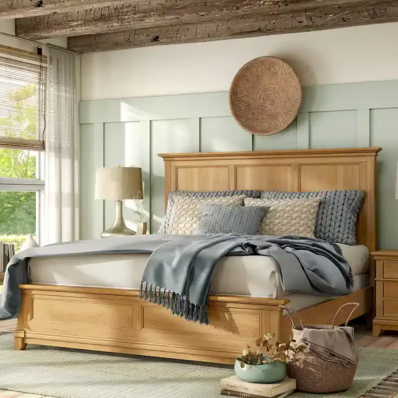 Farmhouse Solid Wood Panel Bed, Natural Oak Finish, King/Queen with Plank Headboard