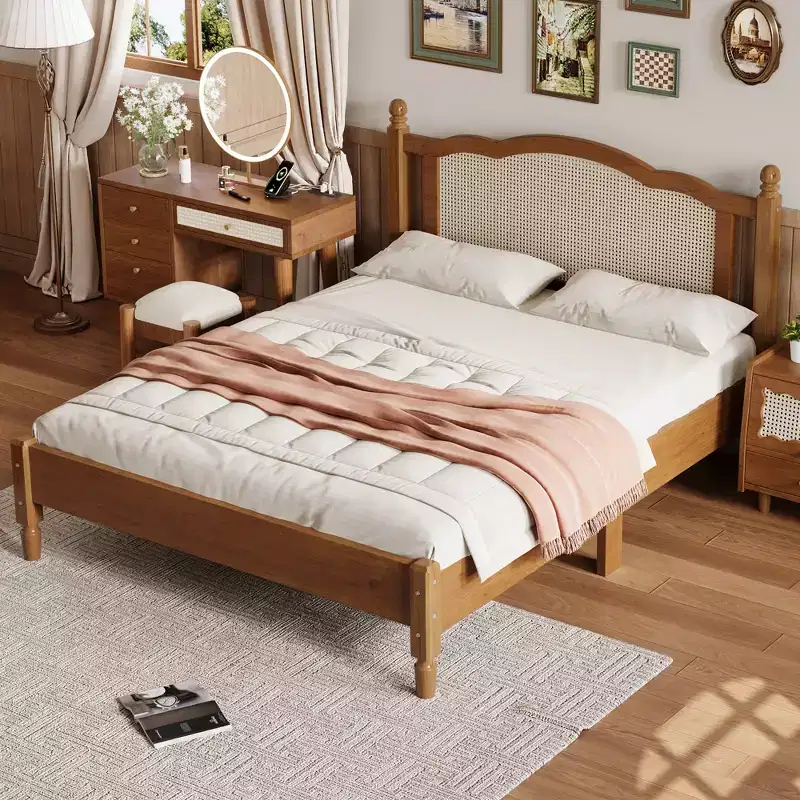 Queen Wooden Platform Bed with Natural Rattan Headboard, Vintage Bed Frame with Slat Support, Walnut
