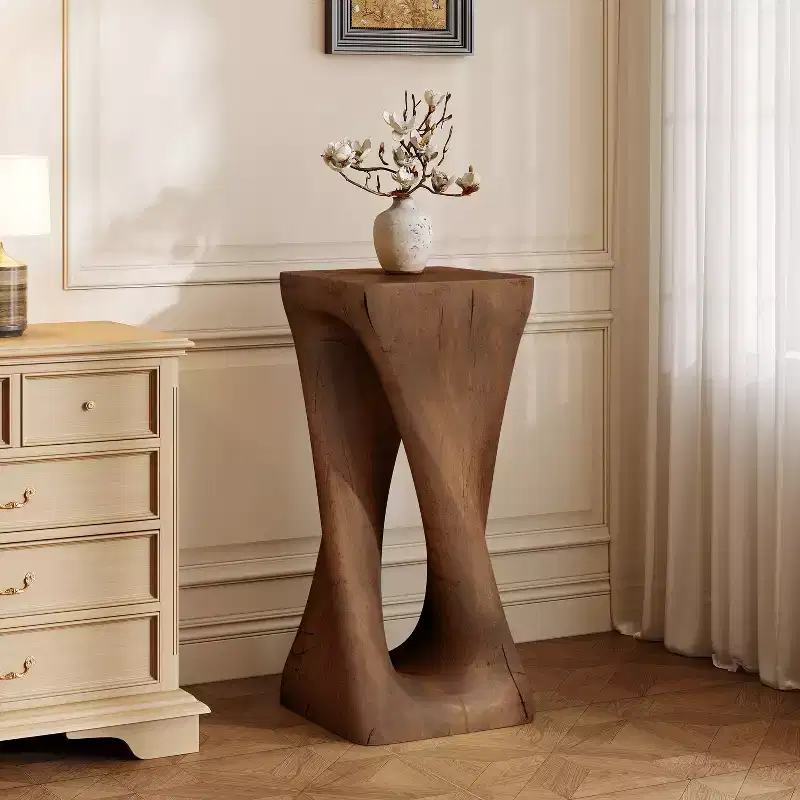 Retro Side Table End Table Wood-Like Texture Accent Table, Indoor/Outdoor Twist Shape Side Table - ModernLuxe