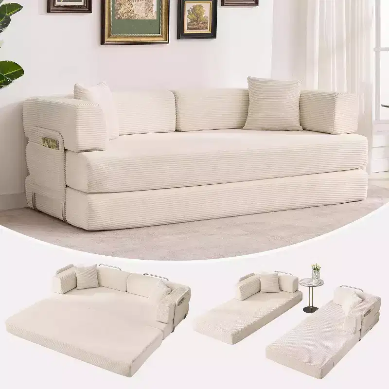 Convertible Sleeper Sofa Bed, 78.8 Floor Sofa Bed, 5-in-1 Folding Mattress Couch Loveseat with Fixed-Shape Frame, Pillow, Corduroy Fabric