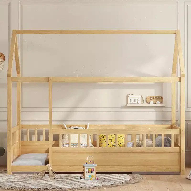 Twin Montessori Floor Bed with High Fence, House Bed for Kids, Natural