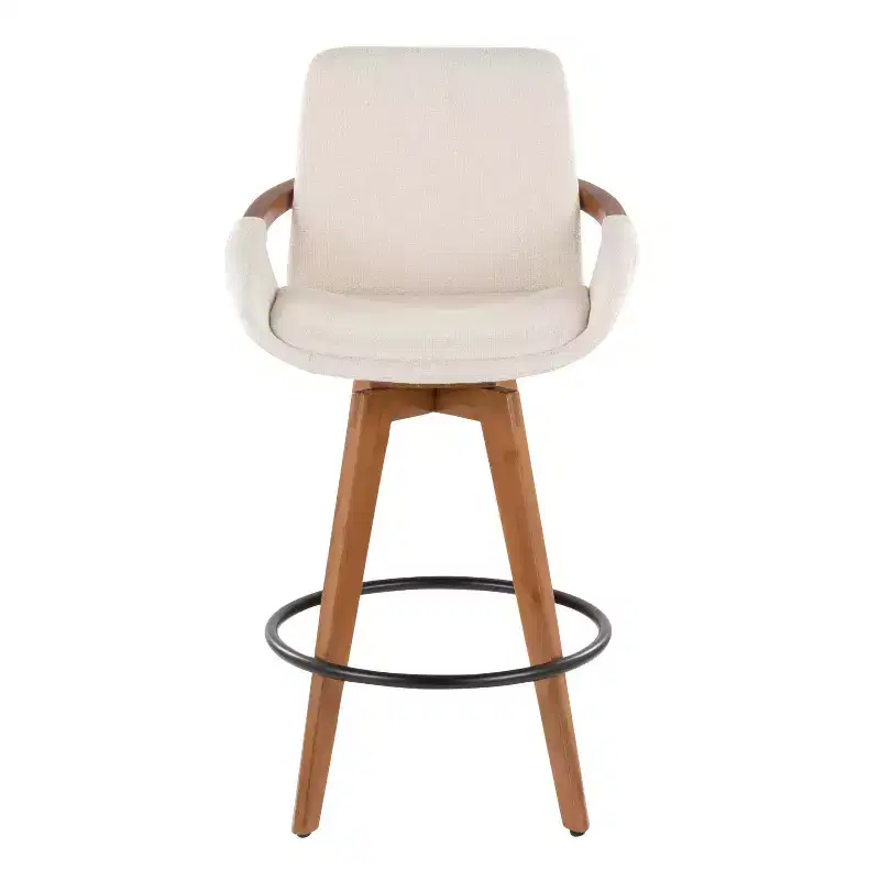 Mid-Century Counter Height Barstool, Walnut Bamboo Frame, Cream Fabric, 360° Swivel