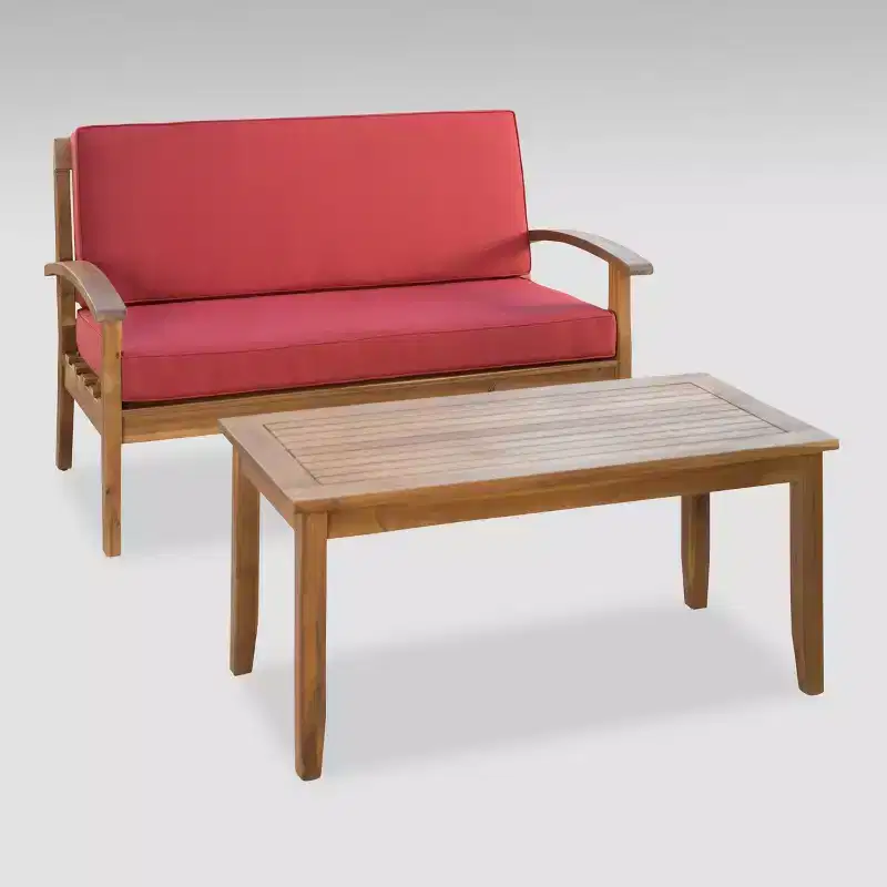 Peyton 2pc Acacia Wood Loveseat and Coffee Table Set - Teak/Red - Christopher Knight Home