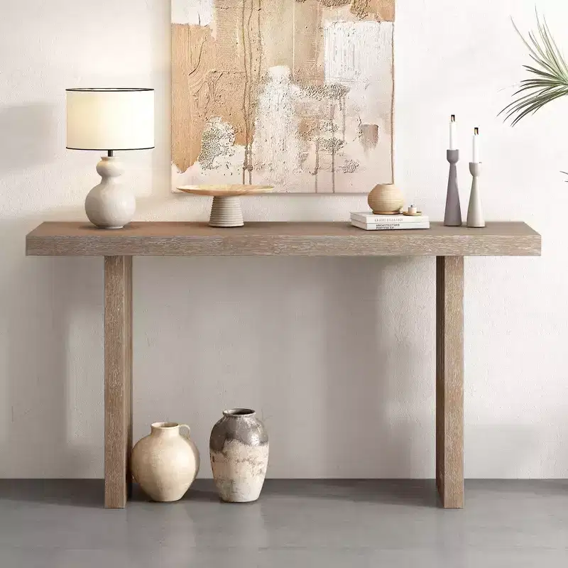 Minimalism Console Table with Oak Veneer, Entryway Table with Thick Tabletop and Legs, Accent Table for Living Room, Hallway