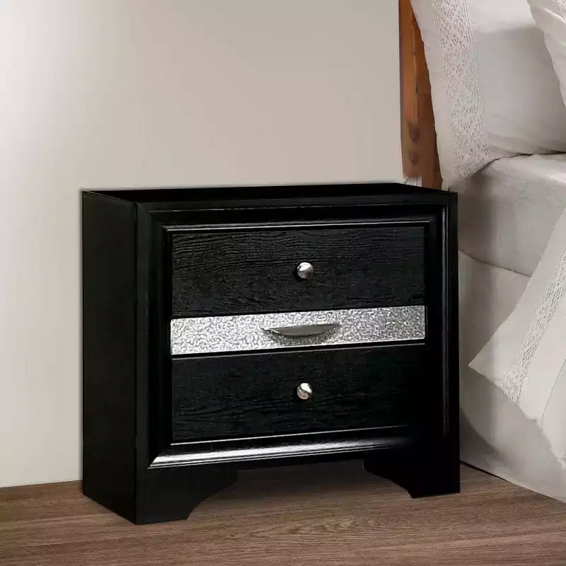 Nightstand with Silver Trim Accent & 1 Jewelry Drawer – Black