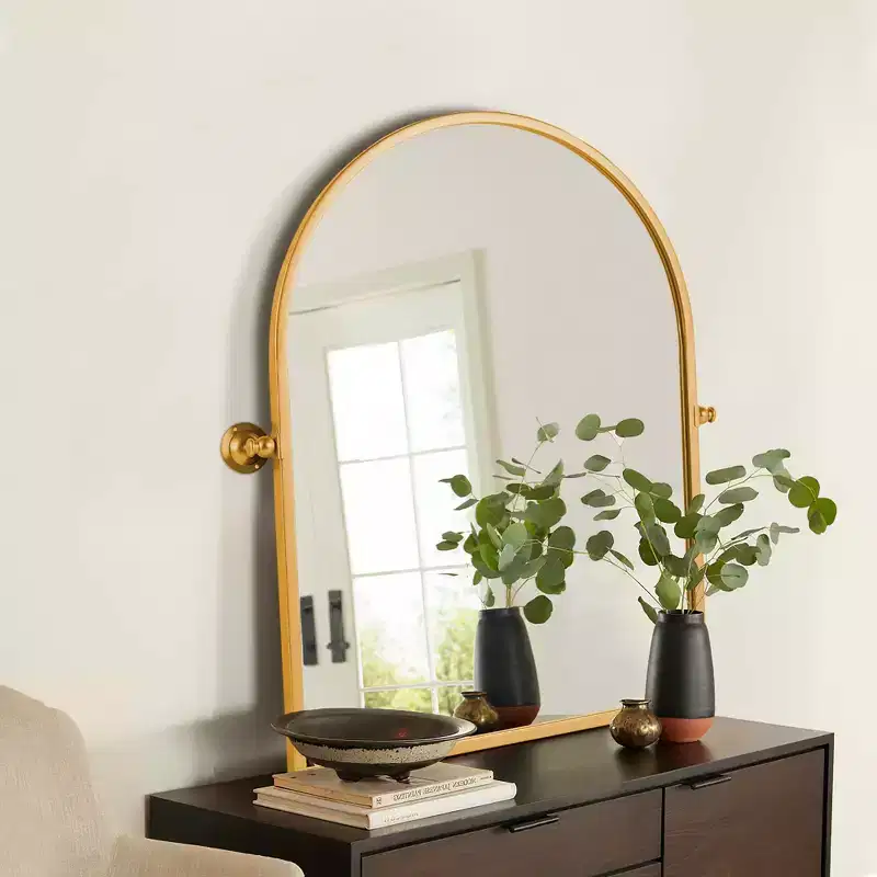 Gold Metal Frame Right-Angle Arched Wall Mounted Accent Mirror, 36 x 24 x 2