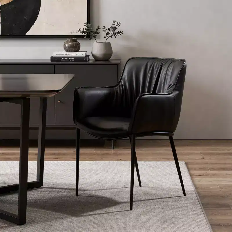 Black Faux Leather and Steel Dining Arm Chair