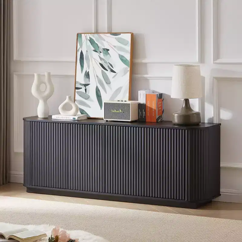 64 Wave Pattern Sideboard Cabinet, Wooden TV Stand & Storage Buffet with Vertical Stripes for Living Room, Kitchen & Entryway, Black