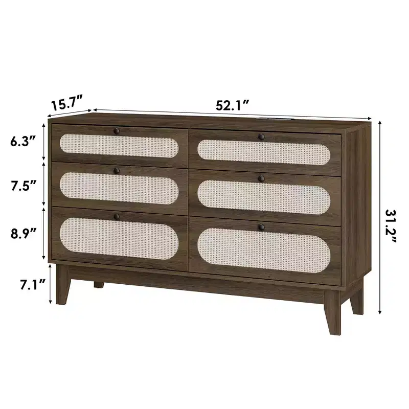 Rattan Nightstand Bedside Table, Modern Side Table with 6 Drawers, Narrow Chests of Drawers, End Tables for Bedroom, Living Room