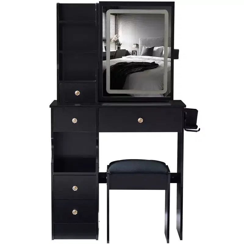 Vanity Table Set with Outlets, LED Mirror with 3-Color Adjustable Lights, 5 Drawers, and Padded Stool for Bedroom.