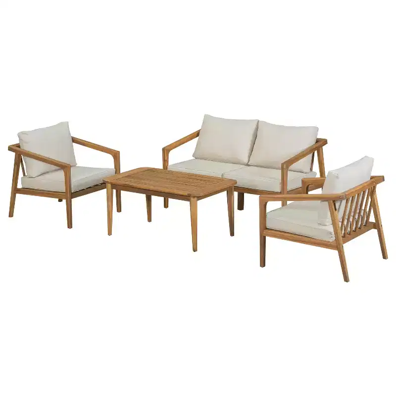 Acacia Wood Outdoor Sofa Set Patio Conversation Set Outdoor Furniture Set with Coffee Table & Cushions, Teak+Beige - ModernLuxe