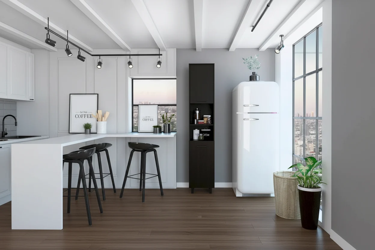 Pantry with 2 Cabinets and 2 Open Shelves, Aluminum Handles and Hinges - N/A