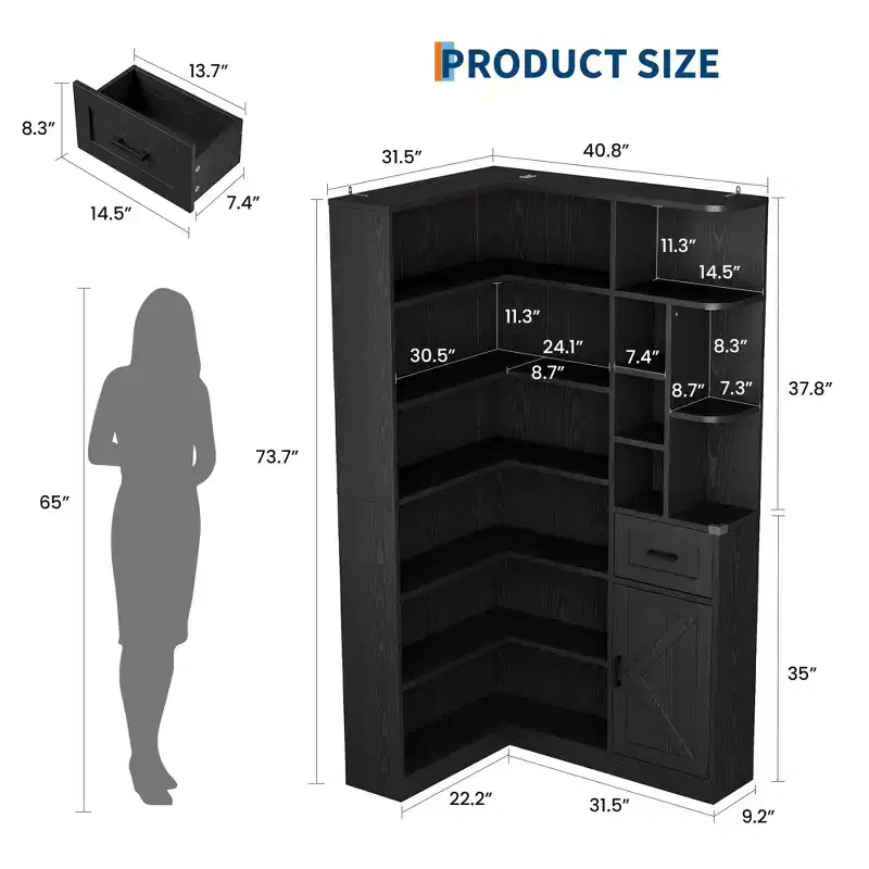 74 Tall Corner Bookshelf, 6-Tier L-Shaped Bookcase with Drawer & Storage Cabinets, Modern Open Display Shelf for Living Room, Office & Home