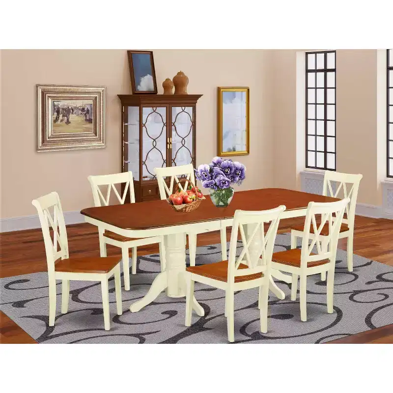Renaissance Dining Set 7Pc Rectangular Table & 6 Chairs - 60x78 Inch Table with Leaf